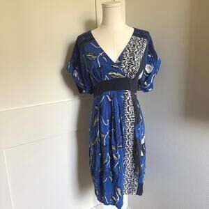 🦃‎ Tibi Blue Silk Midi Dress with Graphic & Floral Prints